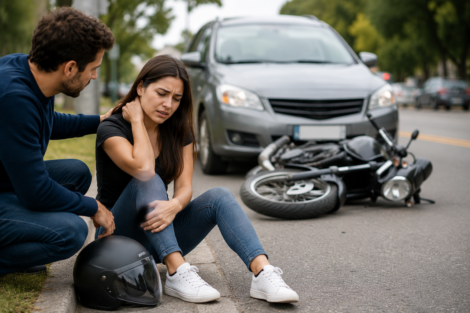 mujer sentada en el suelo con casco al lado por accidente de transito. Un hombre se acerca para ver si esta bien